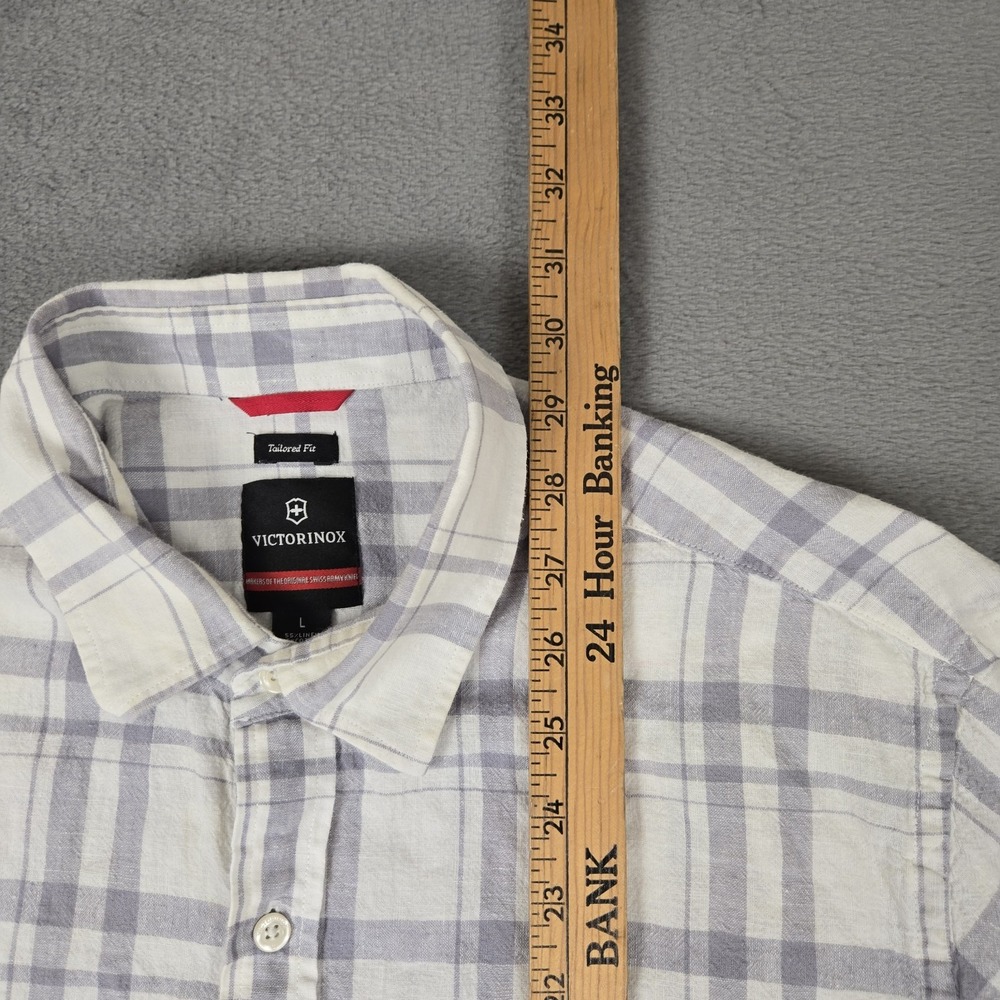 Victorinox shirt Mens Large Gray White Plaid Linen Blend Button Up Preppy Casual - Picture 9 of 10